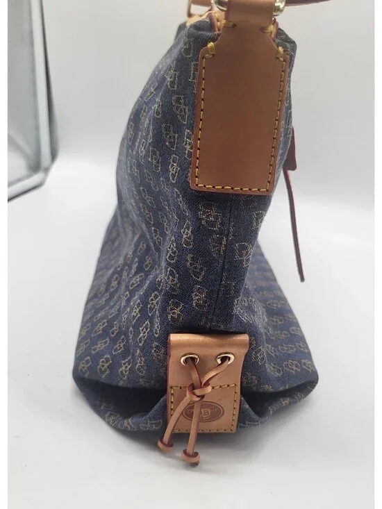 Dooney & Bourke Blue Denim Logo Brocade Shoulder Bag Brown Leather Red Interior - Picture 11 of 13